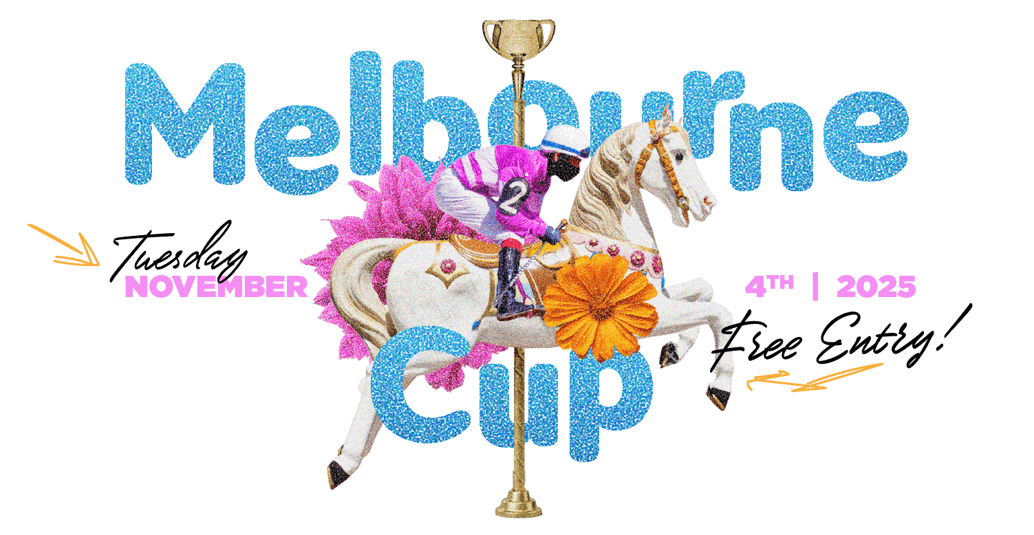 Melbourne Cup text with carousel horse and jockey
